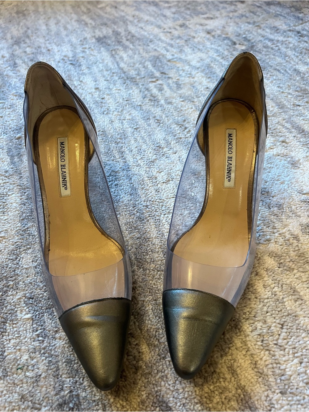 Manolo Blahnik Clear PVC & Metallic Pewter Leather Pointed Toe Pumps Stiletto